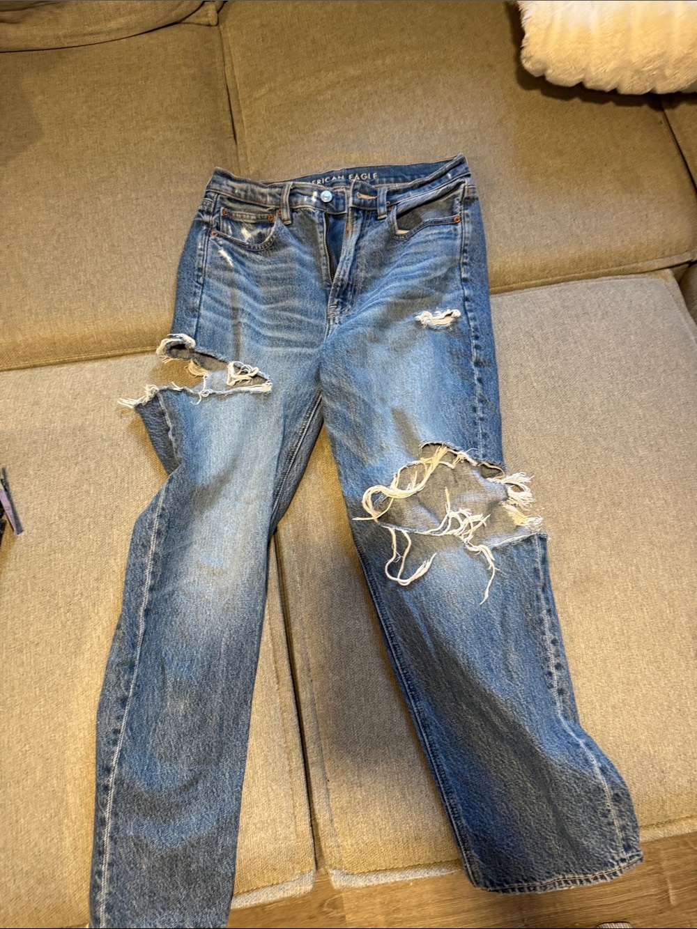 American Eagle Outfitters Distressed Blue Straight-Leg Jeans
